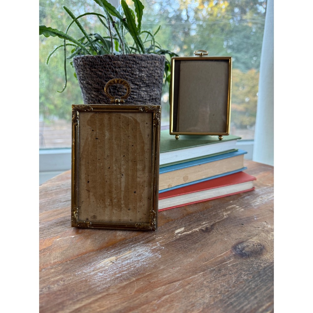 Vintage Brass Picture Frame Set Ornate Filigree and Polished Gold Tone Small 2pc
